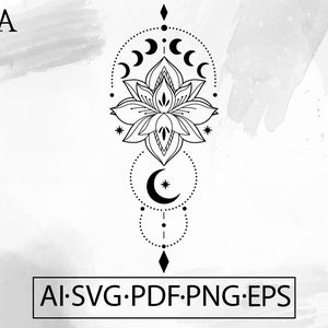 Lotus Geometric SVG Floral  Yoga  Botanical moon phase  boho Flower tattoo unalome - Instant Digital Download file ai svg eps png pdf cricut