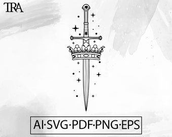May include: Black and white illustration of a sword piercing a crown, with stars scattered around. The image includes the text "AI SVG PDF PNG EPS" in a rectangular box at the bottom. The design is suitable for various digital applications.