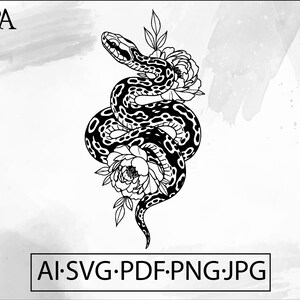 Peut inclure: Illustration en noir et blanc d'un serpent enroulé autour de fleurs. Le serpent présente des motifs d'écailles détaillés. Le texte "AI.SVG.PDF.PNG.JPG" est inclus dans un rectangle, avec les lettres "TRA" en haut à gauche.