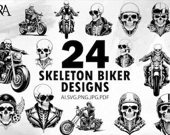 Skull Motorcycle Rider SVG Bundle: Biker Skeleton Graphics (Digital Download)