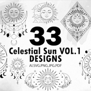 Può includere: Disegni celesti in bianco e nero con soli, lune e stelle. L'immagine include il testo "33 Celestial Sun VOL. 1 DESIGNS" e informazioni sul tipo di file. I disegni sono in varie forme e stili, adatti per arte digitale o artigianato.