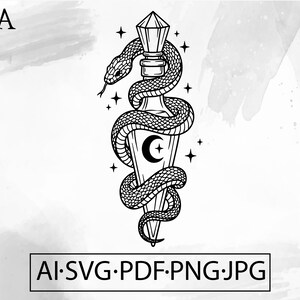 May include: Black and white illustration of a potion bottle with a snake wrapped around it. The bottle has a crescent moon and star design. The image includes the text "AI.SVG.PDF.PNG.JPG".