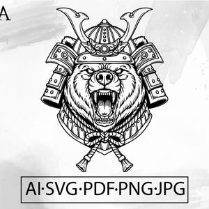 Bear Samurai Roar SVG animal samurai Warrior helmet Hannya Mask Japanese tattoo Oni Mask -Instant Digital Download ai svg jpg png pdf cricut