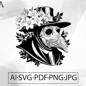 Plague Doctor with flowers tattoo  SVG Goth gothic Horror Witch Plague Halloween tattoo - Instant Digital Download ai svg jpg png pdf cricut