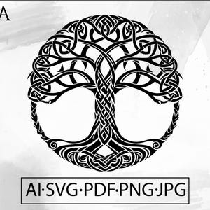 May include: Black and white Celtic tree of life design. The intricate artwork features a detailed tree with interwoven branches and roots, enclosed in a circular frame. The image includes the text "AI.SVG.PDF.PNG.JPG".