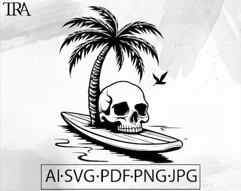 Skull Surfer SVG: Beach Vibes Skeleton, Tropical Summer (Digital Download)