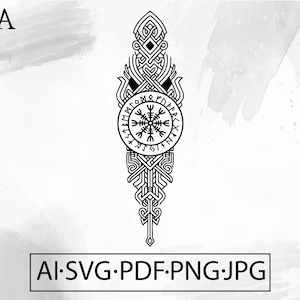 以下が含まれることがあります： 複雑な結び目模様とルーン文字の円形エンブレムを備えた、白黒のバイキング風デザイン。デザインには「AI SVG PDF PNG JPG」の文字が含まれています。「TRA」の文字が左上にあります。