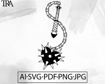 Puede incluir: Ilustración en blanco y negro de línea de un arma en forma de corazón con púas unida a una cadena y un mango. El arma es un símbolo de amor y peligro.