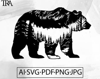 Grizzly Bear & Mountain Forest SVG: Wildlife T-Shirt Design (Digital Download)
