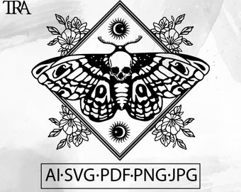 May include: Black and white illustration of a moth with a skull head, set within a diamond shape. Floral and celestial elements surround the moth. The image includes the text "AI.SVG.PDF.PNG.JPG".