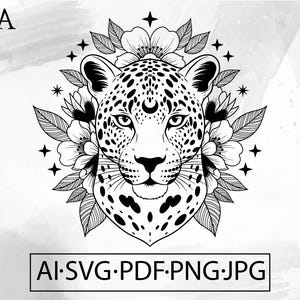 Mystisch Leopard Floral Mond Phase SVG Boho Wild Animal Linie Kunst Tattoo Clipart Design Digitaler Download ai svg jpg png pdf