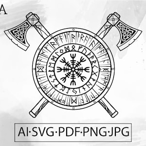 Vegvisir Shield and Viking Axes SVG Viking nordic Norse Mythology Celtic Valknut tattoo - Instant Digital Download ai svg eps png pdf cricut