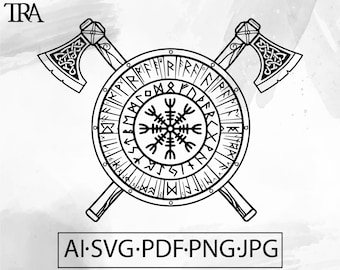 Vegvisir Shield & Viking Axes SVG: Norse Mythology Design (Digital Download)