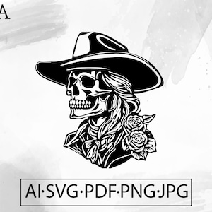 Skeleton Cowboy met bloemen SVG Wild West Skull Western Dead Phantom Undead Horror - Instant Digitale Download ai svg eps png pdf cricut