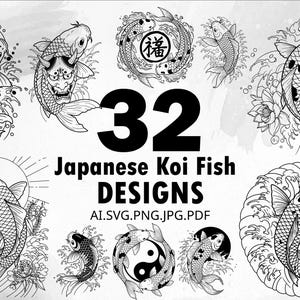 Peut inclure: Illustrations en noir et blanc de motifs de poissons japonais Koi. L'image présente 32 dessins différents de poissons koi dans diverses poses, avec des vagues, des fleurs et d'autres éléments décoratifs. Le texte indique "32 Japanese Koi Fish DESIGNS".