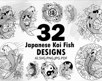 Japanese Koi Fish Tattoo Designs SVG Bundle (Digital Download)