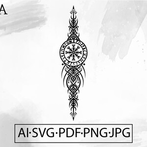 May include: Black and white Viking-style design with intricate knotwork and runic symbols. The design features a central circular element with a snowflake-like pattern and is flanked by elongated, symmetrical patterns. The image includes the text "AI.SVG.PDF.PNG.JPG".