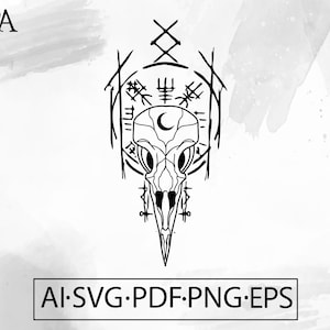 May include: Black and white line art illustration of a bird skull with a crescent moon above it. The skull is surrounded by a circle of runes and other symbols. The image is on a white background.