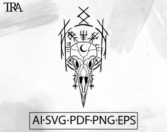 Raven Skull Vegvisir SVG: Viking Norse Tattoo Design (Digital Download)