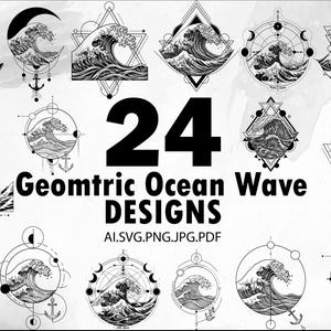 May include: A collection of 24 black and white geometric ocean wave designs. Each design features a wave within geometric shapes like triangles and circles. The image includes the text "24 Geometric Ocean Wave Designs" in a bold font.