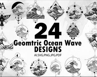 Wave Tattoo SVG Bundle: Geometric Ocean Designs (Digital Download)