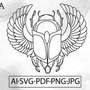 May include: Black and white line art illustration of an Egyptian scarab beetle with wings. The scarab is facing forward with its wings spread out. The image is on a white background.