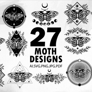 May include: A set of 27 black and white moth designs in various geometric shapes and patterns. The designs include moths with eyes, skulls, and other details. The text "27 MOTH DESIGNS AI.SVG.PNG.JPG.PDF" is included in the image.