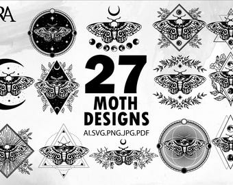 Paquete de polillas de la muerte SVG bruja mística Ojo celestial fase lunar Brujería Brujería Gótica - Descarga digital instantánea ZIP ai svg png pdf jpg cricut