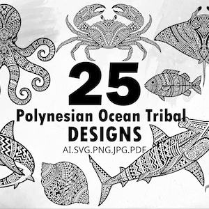 Puede incluir: Diseños tribales oceánicos polinesios en blanco y negro con un pulpo, un cangrejo, una raya, un pez, una concha de nautilus, un tiburón, un tiburón martillo y otras criaturas marinas. Se muestra el número "25".