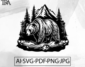 Grizzly Bear Mountain Forest SVG: Wildlife T-Shirt Design (Digital Download)