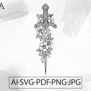 May include: Black and white illustration of a dagger with floral embellishments. The dagger features a detailed handle and is adorned with flowers and leaves. The image includes the text "AI.SVG.PDF.PNG.JPG".