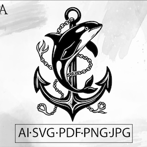 May include: Black and white illustration of an orca whale intertwined with an anchor and chain. The image includes the text "AI.SVG.PDF.PNG.JPG" at the bottom and the letters "TRA" in the upper left corner.