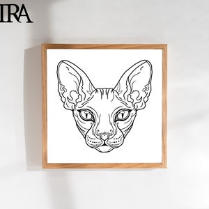 May include: A black and white line drawing of a Sphynx cat's head. The cat has large, round ears and a wrinkled face.