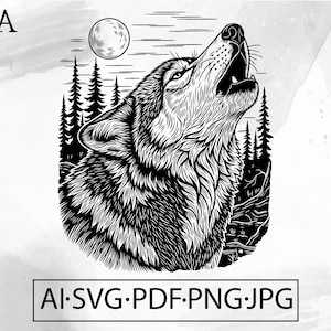 Howling Wolf Moon Forest Scene SVG wild animal clipart woodland wildlife t shirt - Instant Digital Download file ai svg jpg png pdf cricut