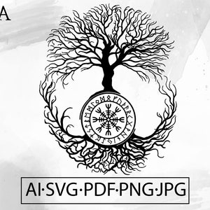 May include: Black and white illustration of a tree with roots forming a circle around a symbol with runes. The symbol is a compass with eight points and the runes are arranged in a circle around it.