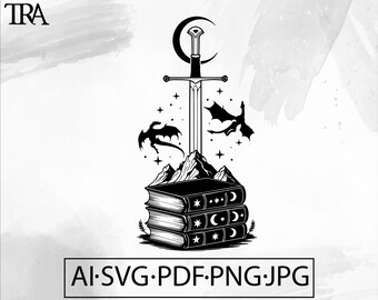 Dragon Sword Magical Book SVG: Fantasy Celestial Design (digitale download)