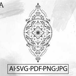 May include: Black and white ornamental design with a central circular pattern and floral elements. The design is elongated vertically and includes the text "AI.SVG.PDF.PNG.JPG" at the bottom. The letters "TRA" are in the upper left corner.