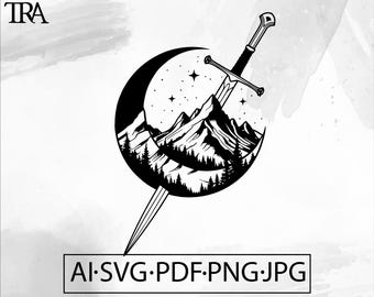 Fantasy Sword Mountain SVG - Celestial Crescent Design (digitale download)