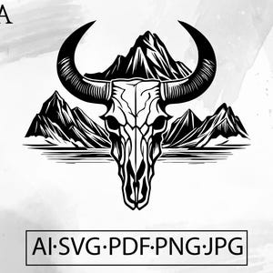 Cow Skull Mountains SVG: Western Longhorn, Boho Tattoo (Digital Download)