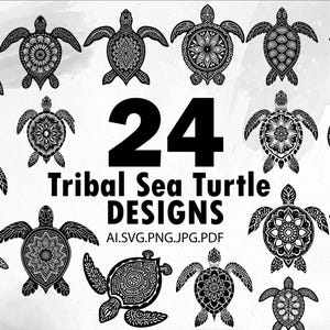 Könnte beinhalten: 24 Schwarz-Weiß-Designs von tribalen Meeresschildkröten. Die Designs sind kompliziert und detailliert mit einem Mandala-ähnlichen Muster. Die Designs sind perfekt für Basteln, Scrapbooking und andere kreative Projekte.