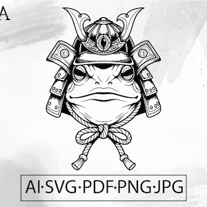 May include: Black and white illustration of a frog wearing a samurai helmet. The frog has detailed facial features and is tied with a rope. The image includes the text "AI.SVG.PDF.PNG.JPG".