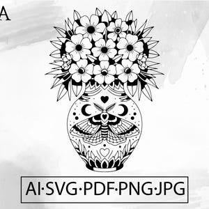 Moth Flowers Vase Tattoo SVG: Boho Floral Bouquet (Digital Download
