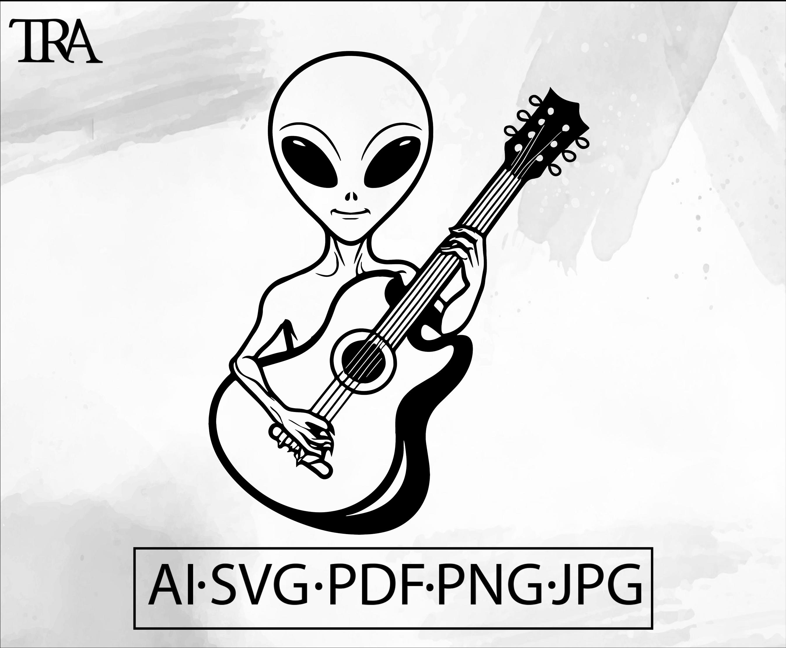 Alien Playing Guitar SVG space sci-fi UFO Spaceship trippy Outerspace Galaxy -Instant Digital Download file ai svg jpg png pdf cricut