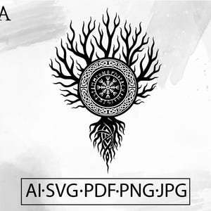 May include: Black and white illustration of a tree with a circular design in the center, featuring runes and a compass-like symbol. The tree has branches and roots. The text "AI.SVG.PDF.PNG.JPG" is at the bottom.