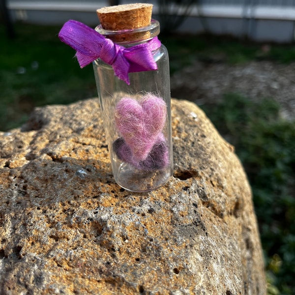 Pet hair hearts in glass bottle