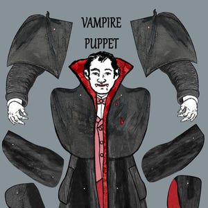 Puede incluir: Marioneta de vampiro de papel con brazos, piernas y capa articulados. El vampiro tiene una capa negra con forro rojo, una camisa rosa y botas negras con detalles rojos. El texto "VAMPIRE PUPPET" está en la parte superior.