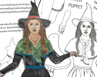 Colour-in witch string puppet