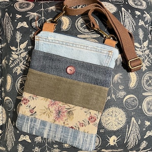 Handmade crossbody bag purse, e-reader kindle book sleeve pouch, upcycled denim & cotton fabric patchwork, pockets, 8”Wx9.5”H