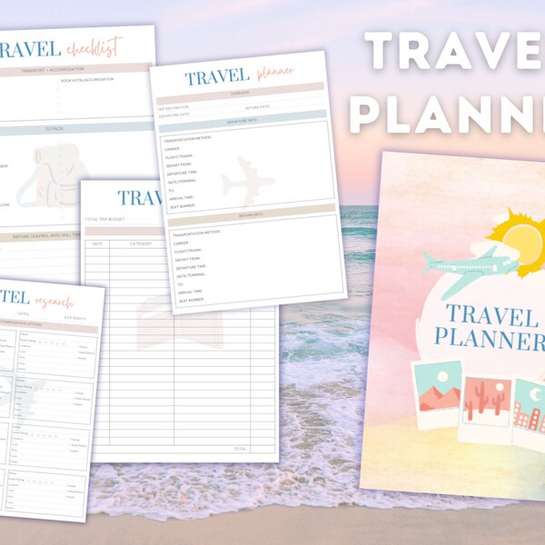 Complete Travel Planner Template in Beautiful Digital Planner Template Design: Track flights, accommodations, transport, activities & more.