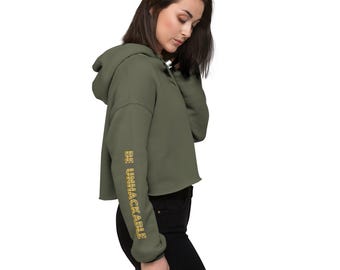 Bluza damska z kapturem typu crop-top z mieszanki bawełny i poliestru Be Unhackable w złotym nadruku na ramionach